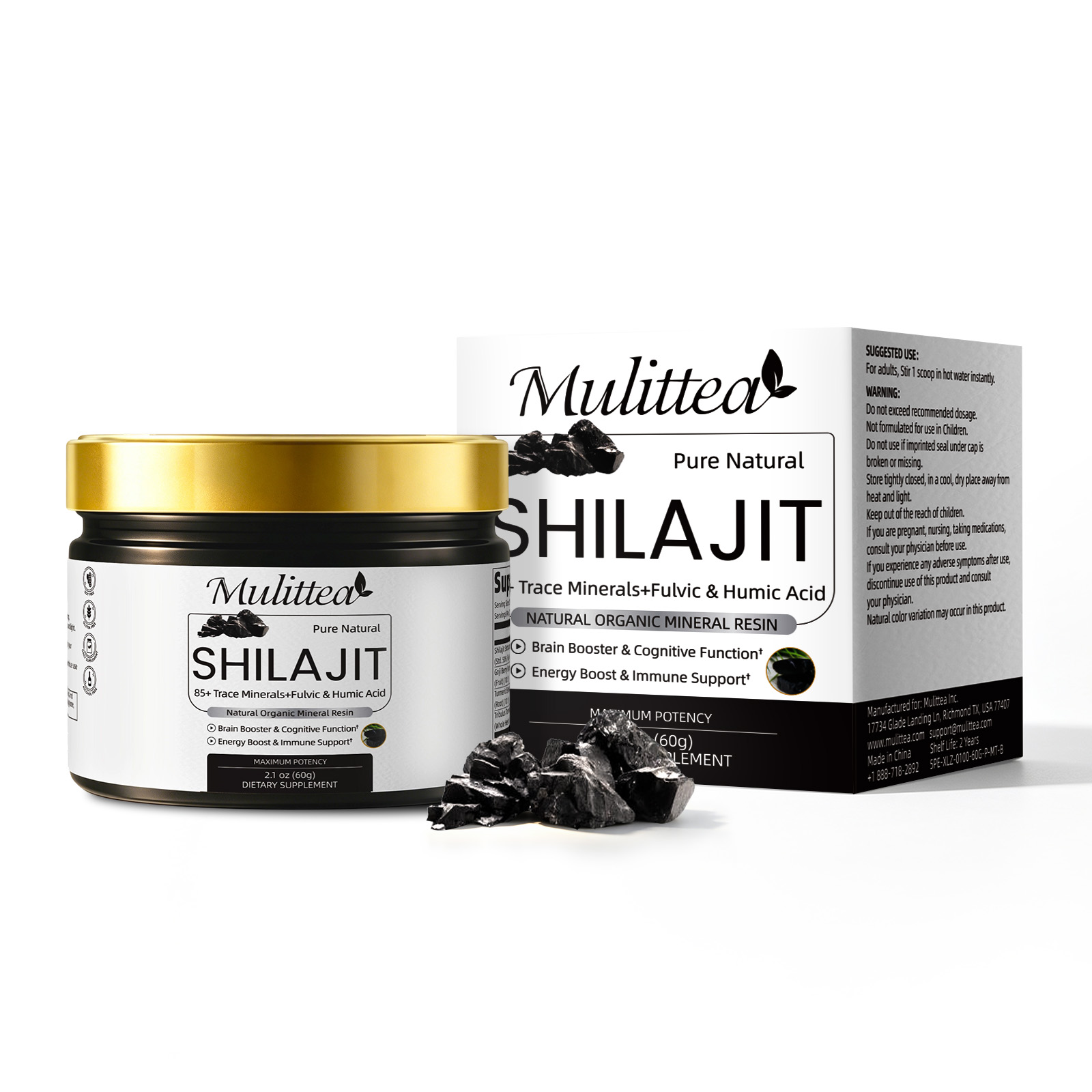 Shilajit Resin Pure - Mulittea อาหารเสริมแร่ Shilajit ดั้งเดิมที่มีความบริสุทธิ์สูงพร้อมแร่ธาตุ Trace 85+