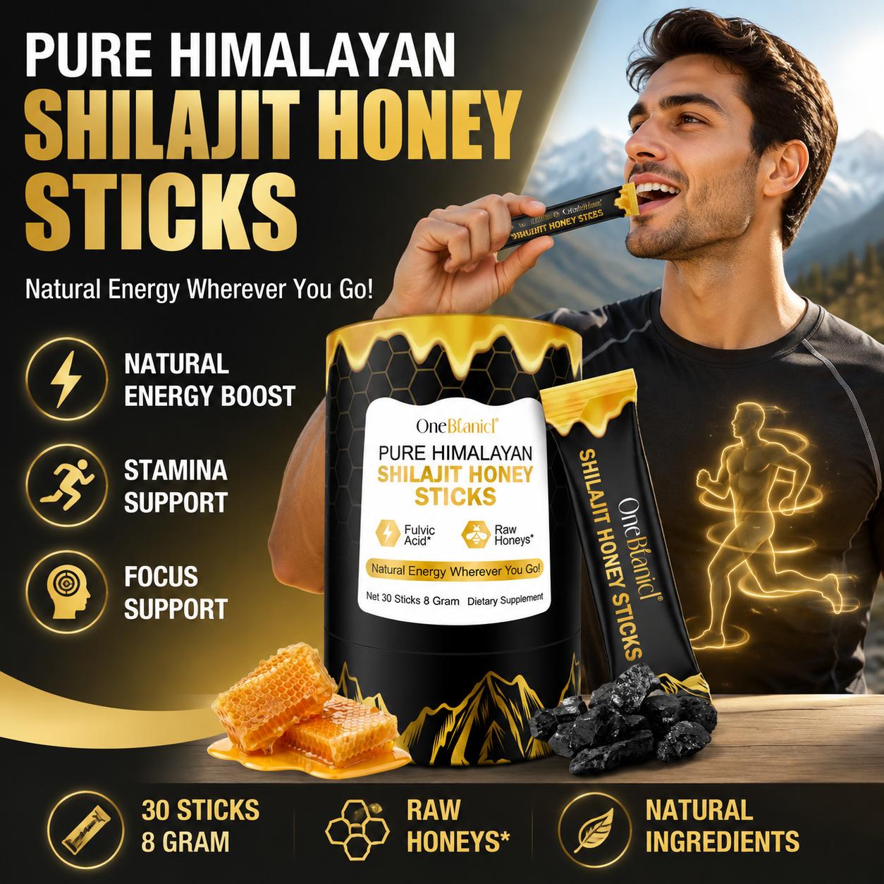 Shilajit Resin Pure - วันบอเทนิคอล แท่งน้ำผึ้งชิลาจิตบริสุทธิ์จากเทือกเขาหิมาลัย พร้อมชิลาจิตเรซิน 400 มก. และหญ้าฝรั่น