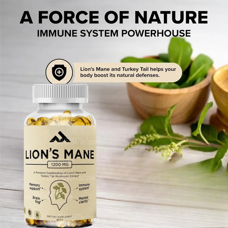 Lion Mane Mushroom - แคปซูลเสริมอาหารเห็ดหลินจือหัวลิงผสมเห็ดหางไก่งวง - ปราศจากสาร GMO 1200 มก.